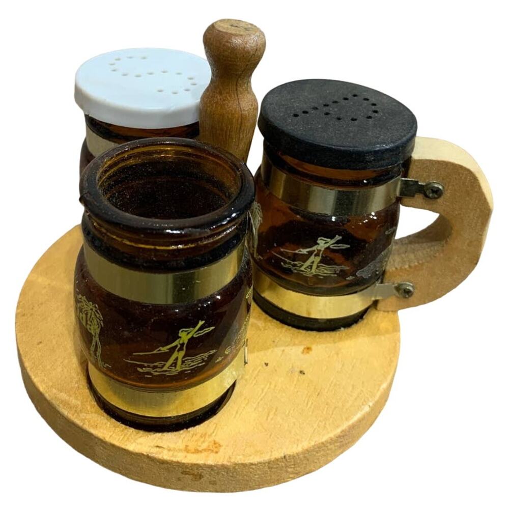 Vintage Taiwan Made Florida Sailboat Fish Glass Salt Pepper Toothpick Holder Set